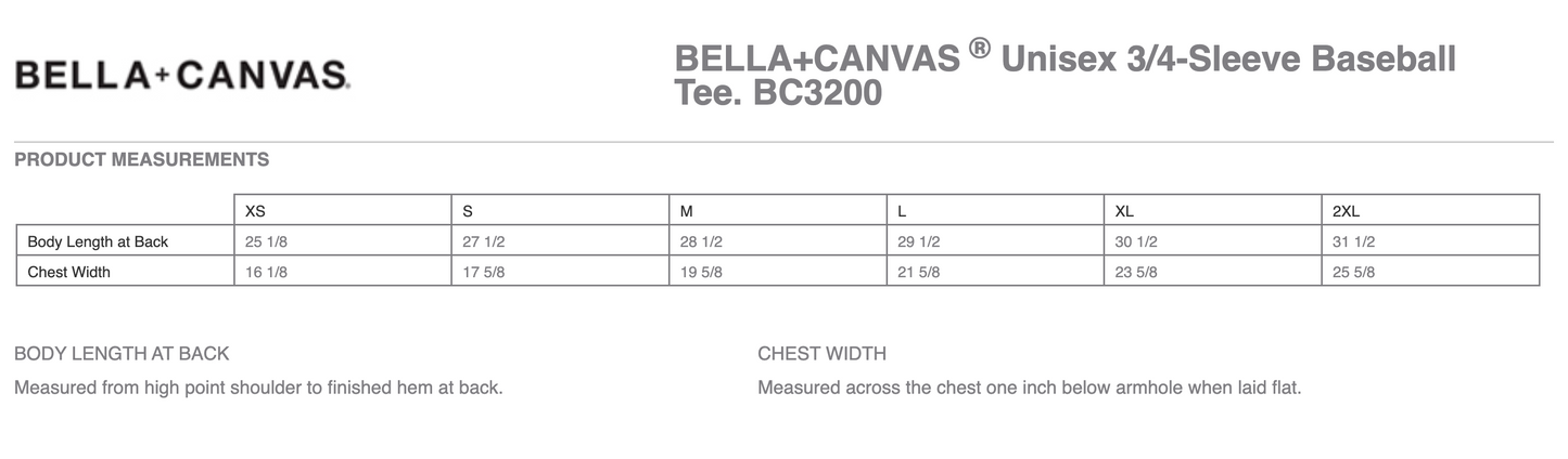 HC - Printed - BELLA+CANVAS® Unisex 3/4-Sleeve Baseball Tee