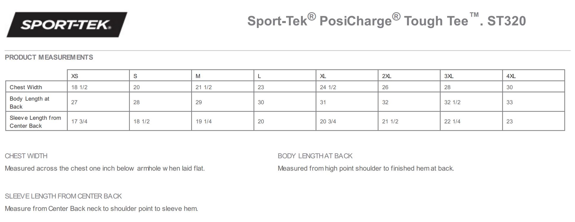 ST320 Size Chart