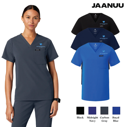 EACH - Embroidered - Classic Logo - Jaanuu Women's Rhena Essential 1-Pocket Scrub V-Neck Top