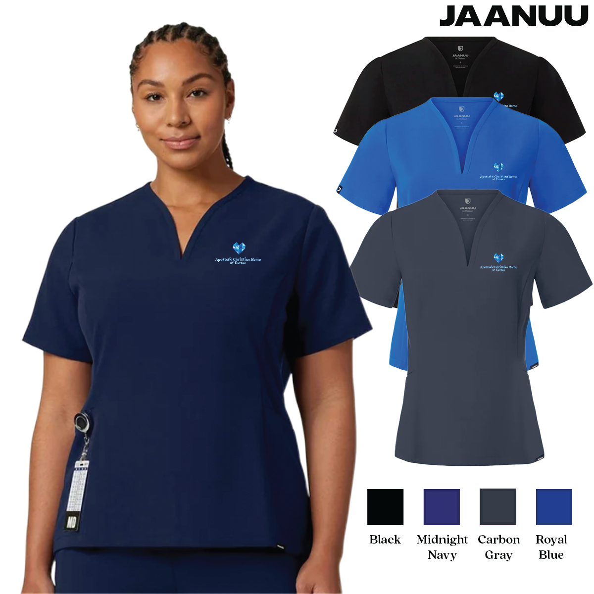 EACH - Embroidered - Classic Logo - Jaanuu Women's Calix Fit & Flare Scrub V-Neck Top