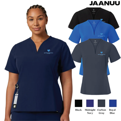 EACH - Embroidered - Classic Logo - Jaanuu Women's Calix Fit & Flare Scrub V-Neck Top